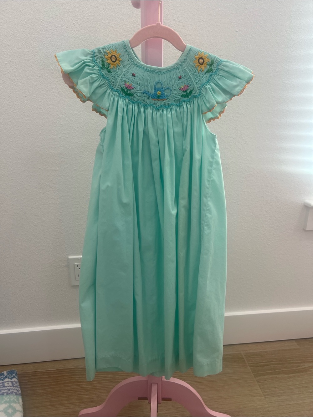 Hand-Smocked Aqua Green Girls' Nightgown with Floral Motif